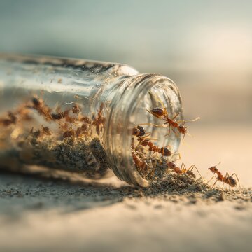 Ants surrounding and carrying a glass bottle, unity and cooperation symbolism, macro perspective