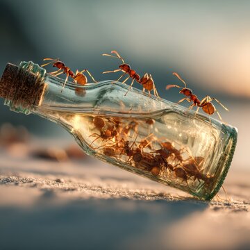 Ants surrounding and carrying a glass bottle, unity and cooperation symbolism, macro perspective