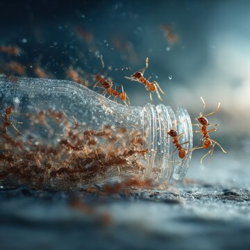 Close-up macro scene of ants carrying a glass bottle together, strength in unity concept, realistic anatomy