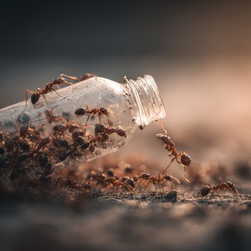 Close-up macro scene of ants carrying a glass bottle together, strength in unity concept, realistic anatomy