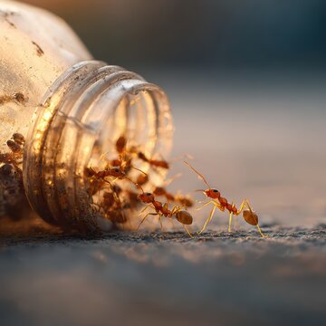 Many ants positioned under a plastic bottle, attempting to lift and move it as one, teamwork concept