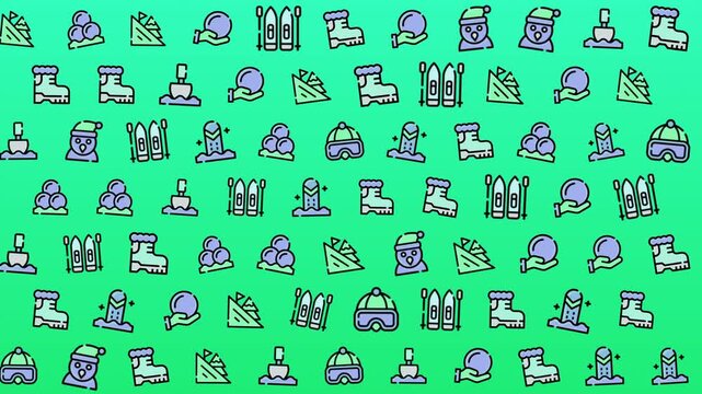 Seamless Animated Winter Sports Gear Pattern on Bright Green