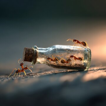 Tiny ants carrying a heavy glass bottle together, symbolic teamwork illustration, extreme macro