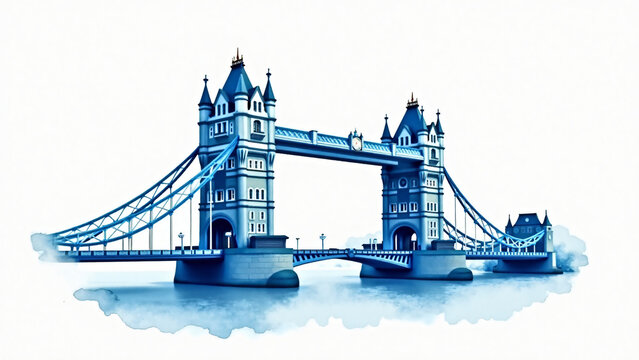 Artistic watercolor tower bridge on white background with soft brushstrokes and modern clean design