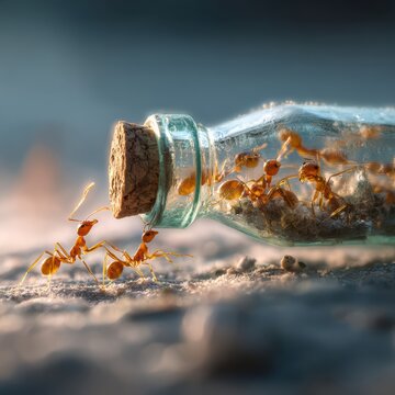 Tiny ants carrying a heavy glass bottle together, symbolic teamwork illustration, extreme macro