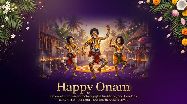Happy onam festival poster featuring traditional pulikali tiger dancers in kerala