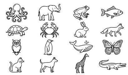 Fototapeta premium Animal Outline Icon Set Featuring Bear Frog Fish Whale Butterfly Giraffe Crocodile and Jellyfish