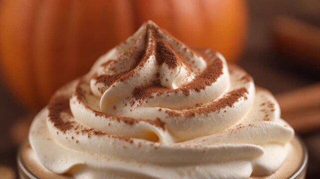 Macro Close-up of Creamy Whipped Cream with Cinnamon Powder on Pumpkin Spice Latte, Delicious Autumn Beverage Background