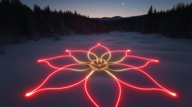 Magical Nighttime Winter Landscape with Glowing Red and Gold Light Trails Forming a Flower Shape on Snow, Abstract Motion Background