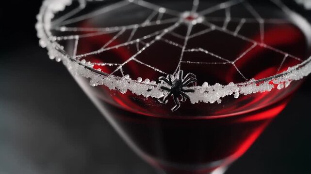 Macro Shot of Red Halloween Cocktail with Sugar Spiderweb Rim and Toy Spider, Spooky Party Beverage in Martini Glass