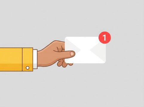 A hand holding a white envelope with a red notification badge showing one new message alert for digital communication concept