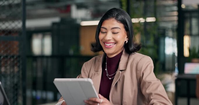 Creative, woman and laugh in office with tablet, internet and AI meme for social media marketing. Happy, person and browse in agency with tech, joke or reading funny brand comment for online ad post.