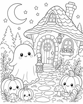 Adorable kawaii ghost holding a lantern in a warm halloween setting perfect for a printable coloring book