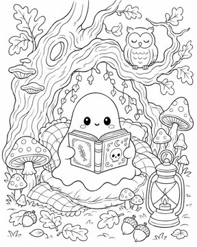 Charming halloween atmosphere with an adorable ghost enjoying a book in a spooky forest filled with delightful details