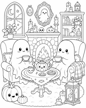 Adorable kawaii ghosts sipping tea in a warm and inviting halloween atmosphere featuring pumpkins and flickering candles