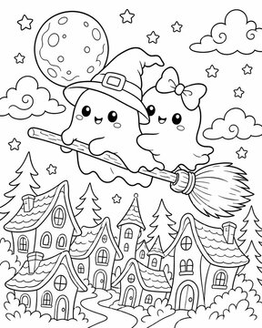 Adorable kawaii ghosts soaring above a charming haunted house in a delightful halloween themed coloring book illustration