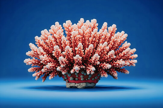 Vibrant pink acropora coral colony isolated on blue background