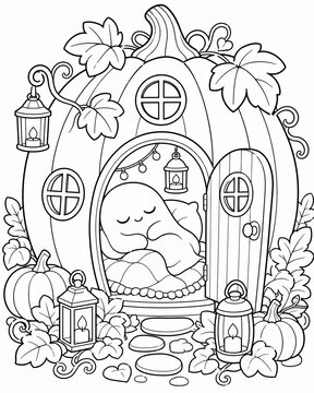 Adorable ghost character nestled in a pumpkin house perfect for a fun halloween coloring book illustration