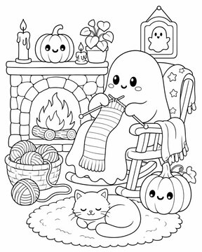 Cozy halloween scene featuring a cute ghost knitting by the fireplace with cats and pumpkins in a spooky cute coloring book style