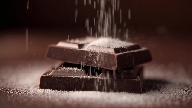 Macro Shot of White Powdered Sugar Falling onto Rich Dark Chocolate Bars Creating Beautiful Contrast, Warm Cinematic Full HD Close Up
