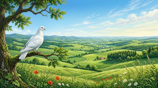 White dove perched on a tree overlooking a scenic green valley
