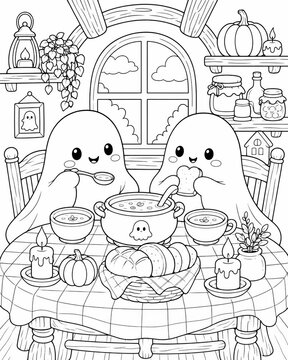 Cozy halloween coloring page featuring adorable kawaii ghosts enjoying a warm meal in a haunted house setting