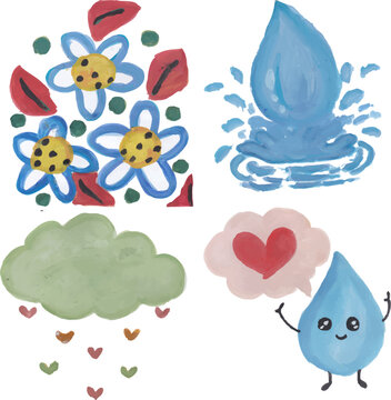 Flowers print, splash water, cloud, love bubble hand drawn watercolor clip art