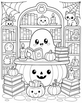Charming halloween coloring page showcasing adorable ghosts pumpkins and a spooky library setting