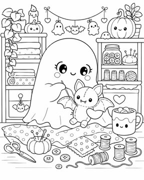 Adorable kawaii ghost accompanied by a bat and festive halloween decorations in a charming coloring book illustration