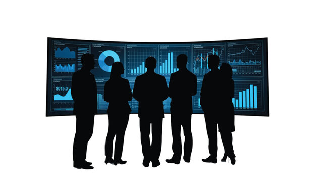 Business team stands before a large curved digital screen displaying complex financial data and analytics charts to represent collaborative analysis and strategic planning in a modern office space.
