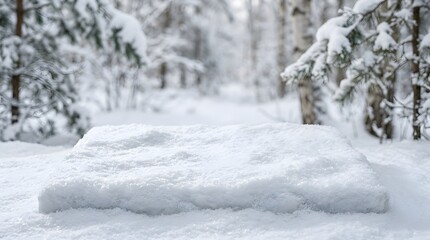 Fototapeta premium Snowy forest floor with blurred trees, shallow depth winter scene.