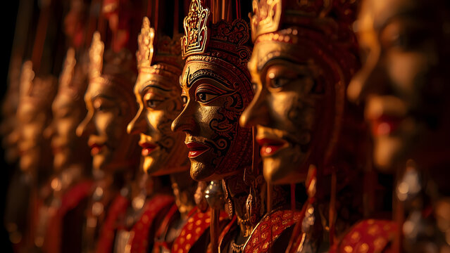 Row of Traditional Balinese Wayang Kulit Puppets with Ornate Golden Headdresses