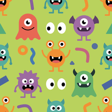 Cute seamless pattern with funky colorful monsters and aliens.