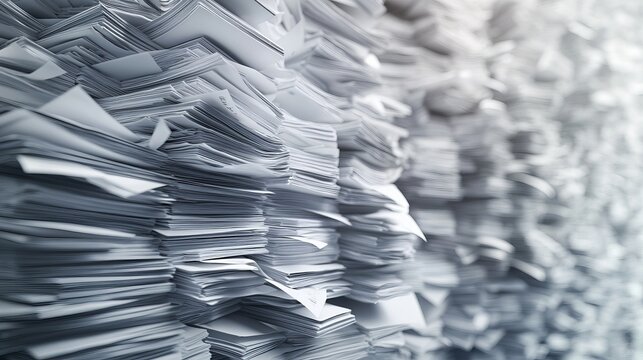 A chaotic cascade of paperwork and documents creates a dense, overwhelming visual representation of administrative burden and complex bureaucracy