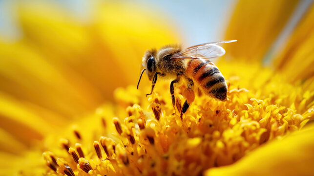 Close-up of a honeybee collecting pollen on vibrant yellow flower under bright natural light