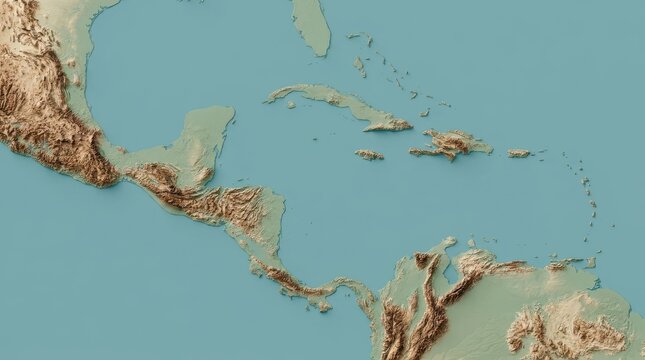 Topographic map of central america and caribbean islands with detailed relief and ocean.