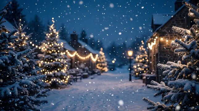 Cozy winter street decorated with warm lights and snow, festive holiday atmosphere.
