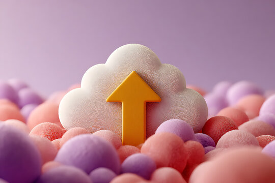 Colorful cloud icon with upward arrow, vibrant pastel spheres, digital storage concept, ideal for web design and technology themes