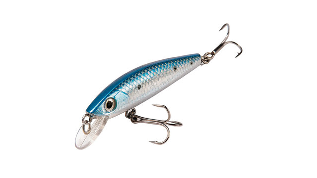 Blue and silver slender minnow fishing wobbler isolated on transparent background for long casting spinning