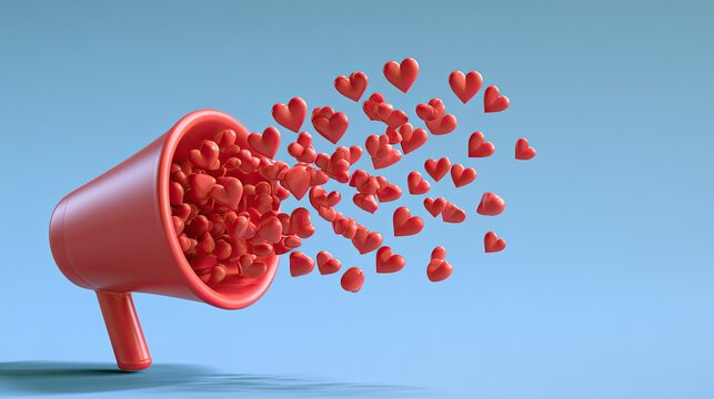 A red megaphone disperses a stream of bright red heart shapes
