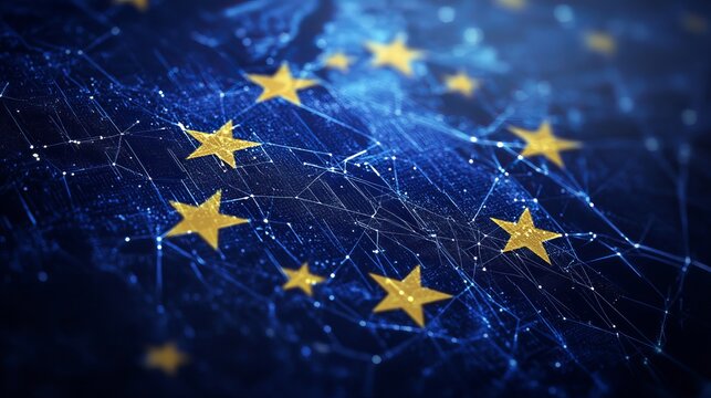 European union flag with glowing stars and network connections, symbolizing digital connectivity, innovation, and technological advancement across europe