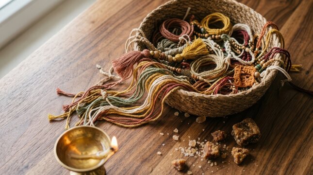 Traditional rakhi threads in woven basket with brass oil lamp and jaggery pieces on wooden table for indian celebration.