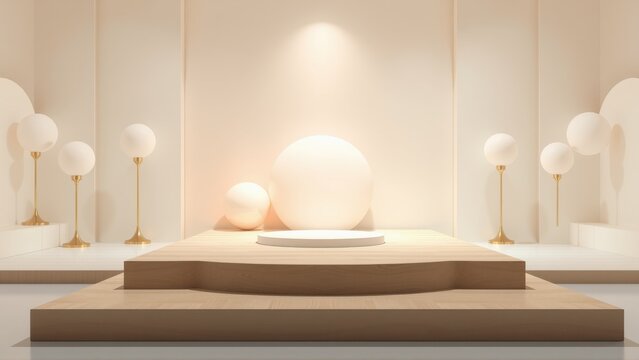 Minimalist stage setup. Soft lighting highlights spherical objects on tiered platform. Neutral tones create calm presentation space.
