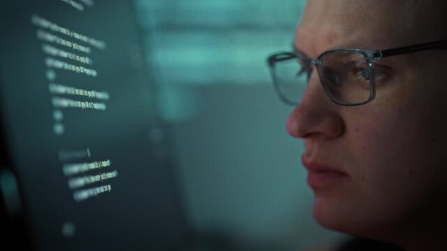 Programmer in glasses types code on computer at night, guided by artificial intelligence, illustrating rapid AI-driven code generation in focused, dimly lit workspace under soft glow of monitor light