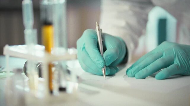 Researcher in protective clothing and mask carefully writes results on paper form while analyzing diverse substances in a laboratory, emphasizing meticulous data recording and strict safety protocols