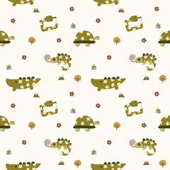 Reptiles cartoon so cute. On crocodile snakes turtles chameleon flowers stump tree grass rock background. Pattern seamless vector illustration.  © Therdsak