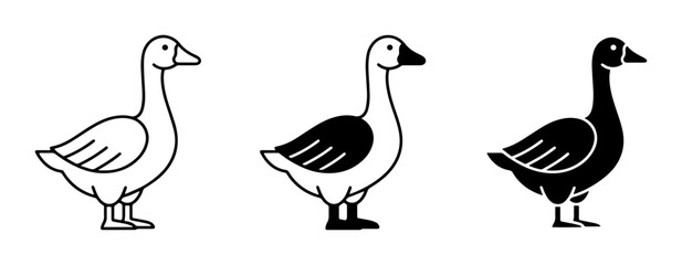 Obraz premium Goose Icons Set: Outline, Filled, and Silhouette Vector Graphics for Farm and Wildlife Themes
