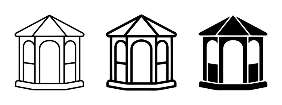 Gazebo Icons Set: Outline, Line Art, and Solid Black Vector Illustrations for Garden and Park Designs