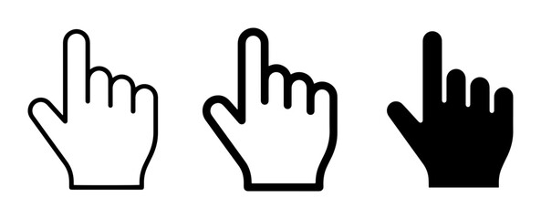 Fototapeta premium Three Hand Cursor Icons: Outline, Filled Outline, and Solid Black Pointer for Digital Interaction