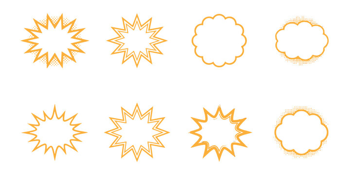 Set of eight yellow comic speech bubbles with halftone patterns for pop art design elements